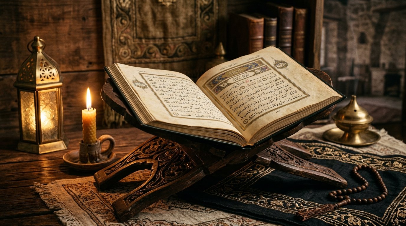 Noble Quran open on ornate wooden stand with ambient candle light
