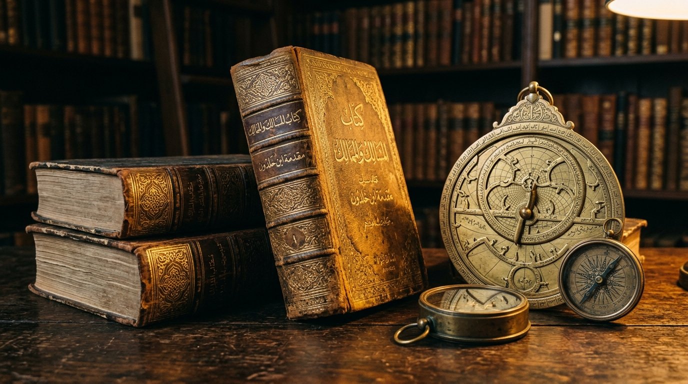 Classical Islamic leather-bound scholarly books in library